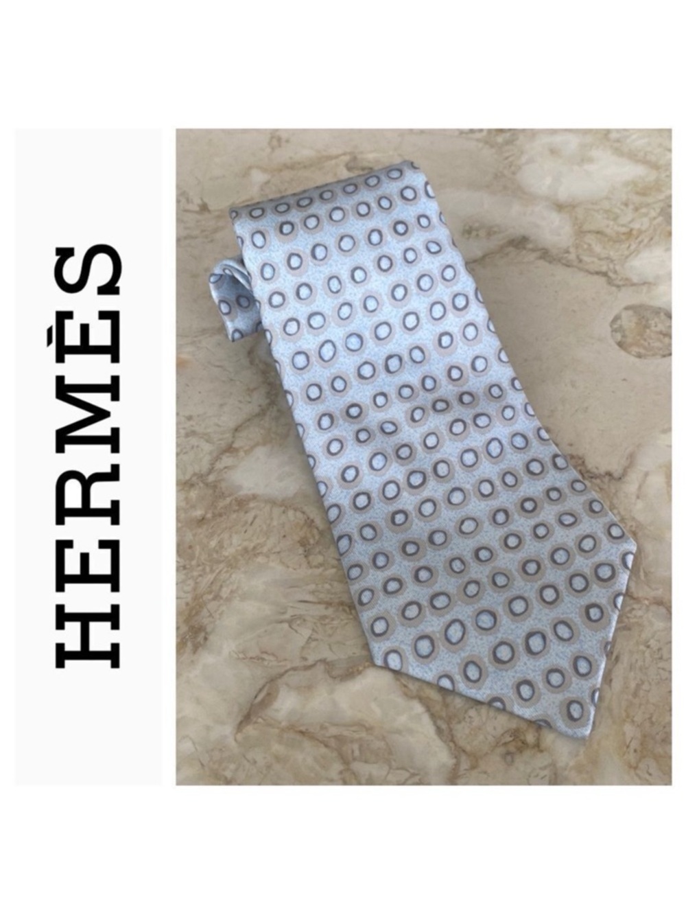 Hermes 100% Silk Baby Blue Polka Dot Tie